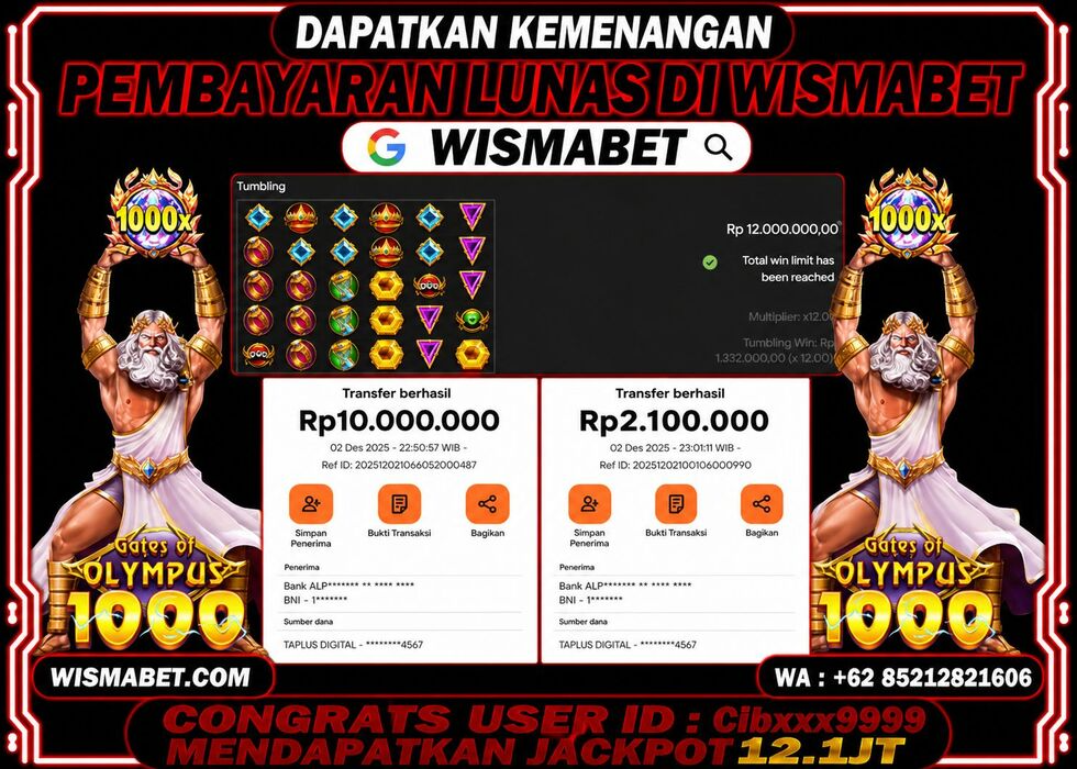 Wismabet - BUKTI KEMENANGAN MAXWIN Gates of Olympus 1000 Rp12,200,000,- LUNAS